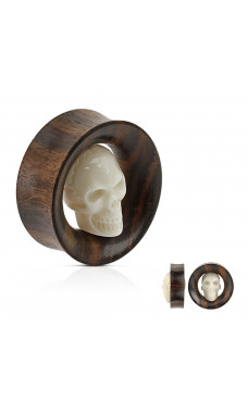 Carved Skull Inside Organic Sono Wood Saddle Fit Tunnel Body Jewelry