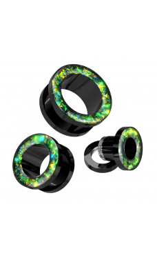 Opal Glitter Rim Black PVD Over 316L Surgical Steel Screw Fit Tunnel Body Jewelry