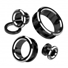 Black and Silver 2-Tone Rim PVD Over 316L Surgical Steel Screw Fit Tunnel Body Jewelry
