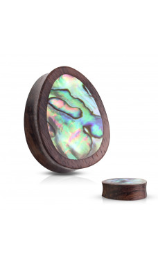 Abalone Inlaid Tear Drop Organic Sono Wood Saddle Plug Body Jewelry