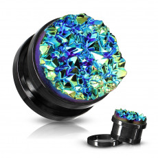 Blue Druzy Stone Front Black IP Over 316L Surgical Steel Screw Fit Flesh Tunnel Plug Body Jewelry
