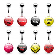 Text Logo Inlaid and Clear Epoxy Covered 316L Surgical Steel Belly Button Ring Body Jewelry